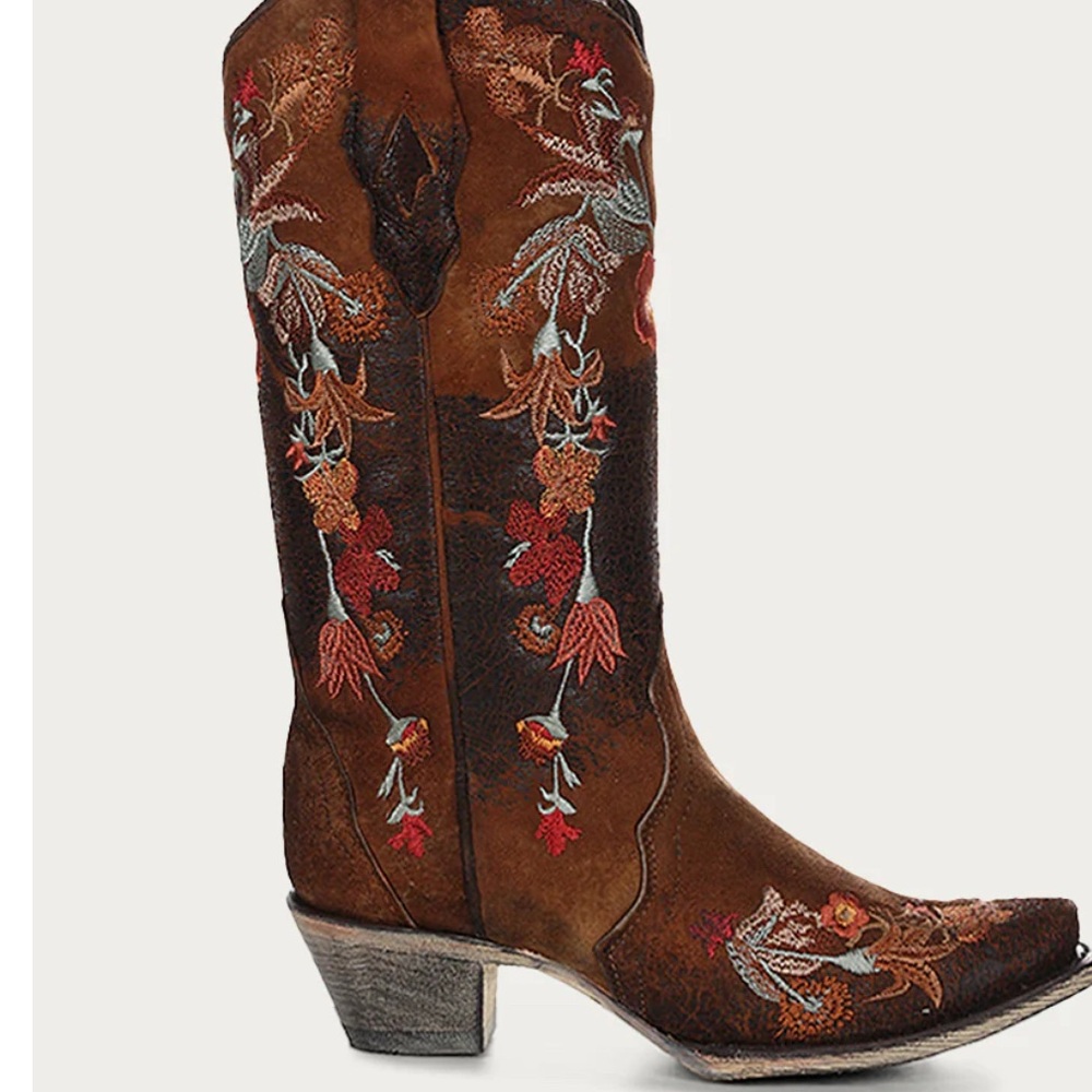 Corral Brown Floral Embroidered Heeled Boots